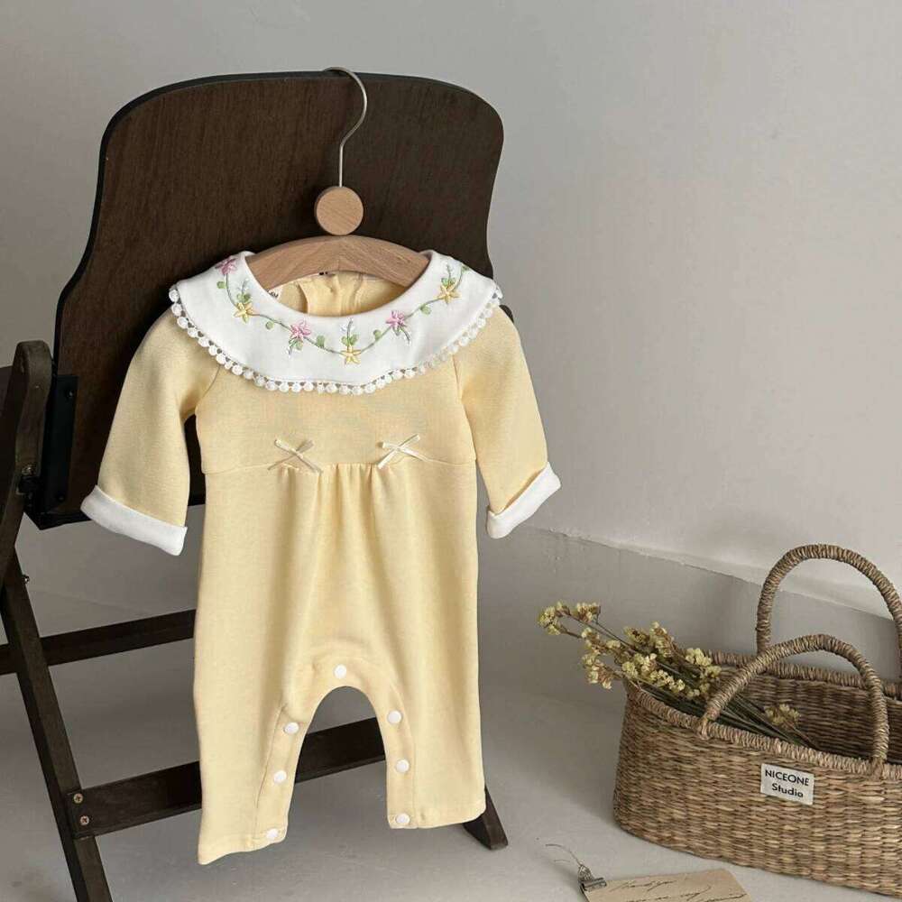 Autumn New Baby Girls Cute Light Yellow Doll Collar Long Sleeve Crawler Newborn Jumpsuits Clothing Romper Soft Outfits 26H0224