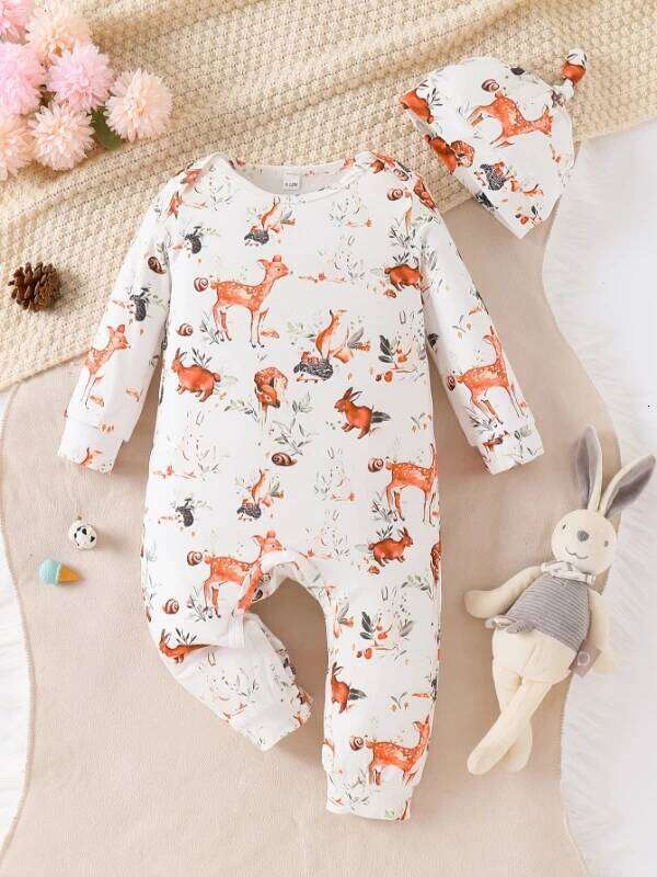 Spring Autumn Unisex Baby Romper Long Sleeve Deer Print Christmas Theme Onesie for Infants And Toddlers 26H0224