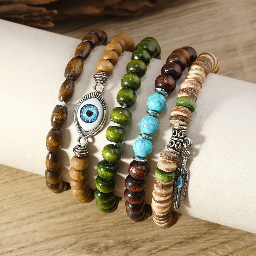 Cross-border hot sale: Lucky Eye Feather Multi-layer Wooden Bead Bracelet