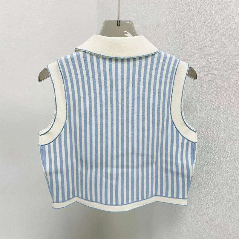 2024 Summer Knit T-shirt Tops Women Cropped Striped Sleeveless Polo Collar Vest Slim Fit Contrasting Tees Brand Clothing 26W0224