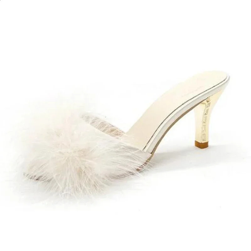Summer Shoes Woman Feather Thin High Heels Fur Slippers Peep Toe Mules Lady Pumps Slides Shoes Big Size 260124