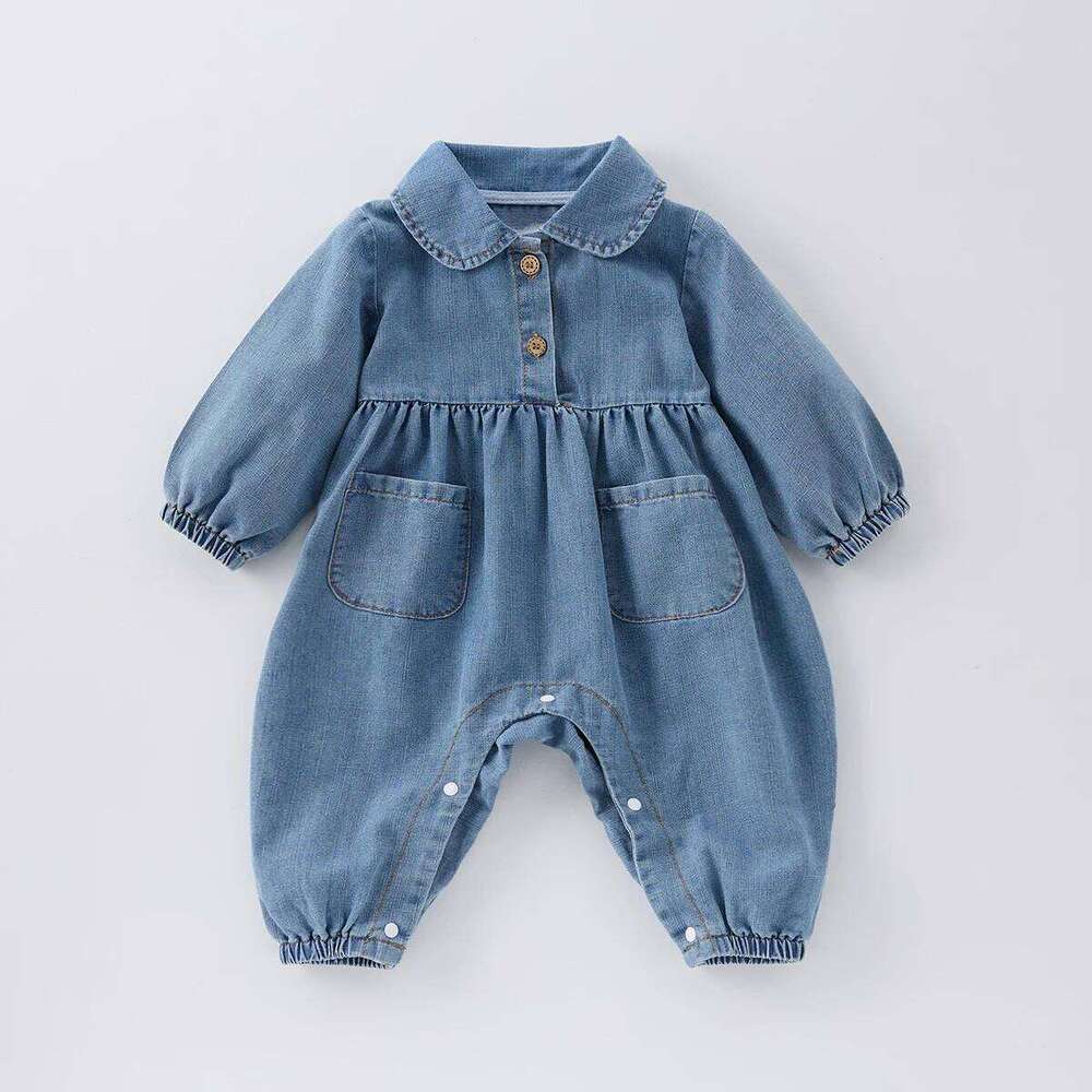 Spring boys and girls baby doll collar jumpsuit pocket casual denim jacket crawl suit 26Y0224