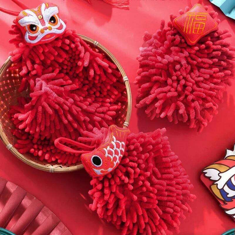 New Chinese Style Schneier Cute Handball Red Holiday Cartoon Kitchen Bathroom Lion Dance Handkerchief