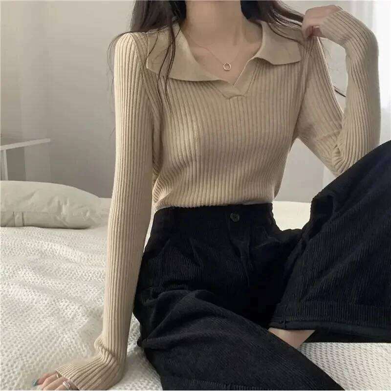 Elegant Vintage Knit Sweater Women's Long Sleeve Lapel Stylish Polo Collar Base Layer Top For Spring Autumn 26L0224