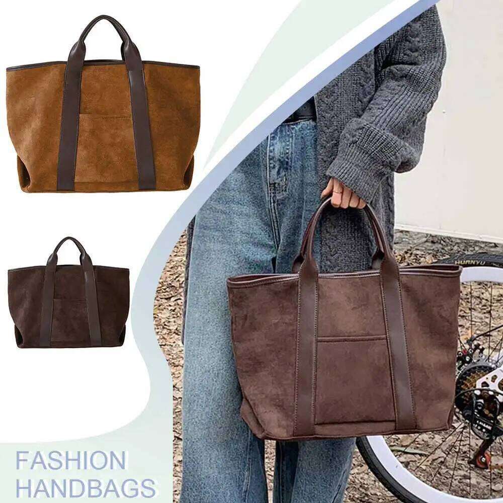 Tote for Women Solid Color Retro Suede Large Capacity Top Handle Bag Trendy Shopper Handbag Travel Purse Z260224