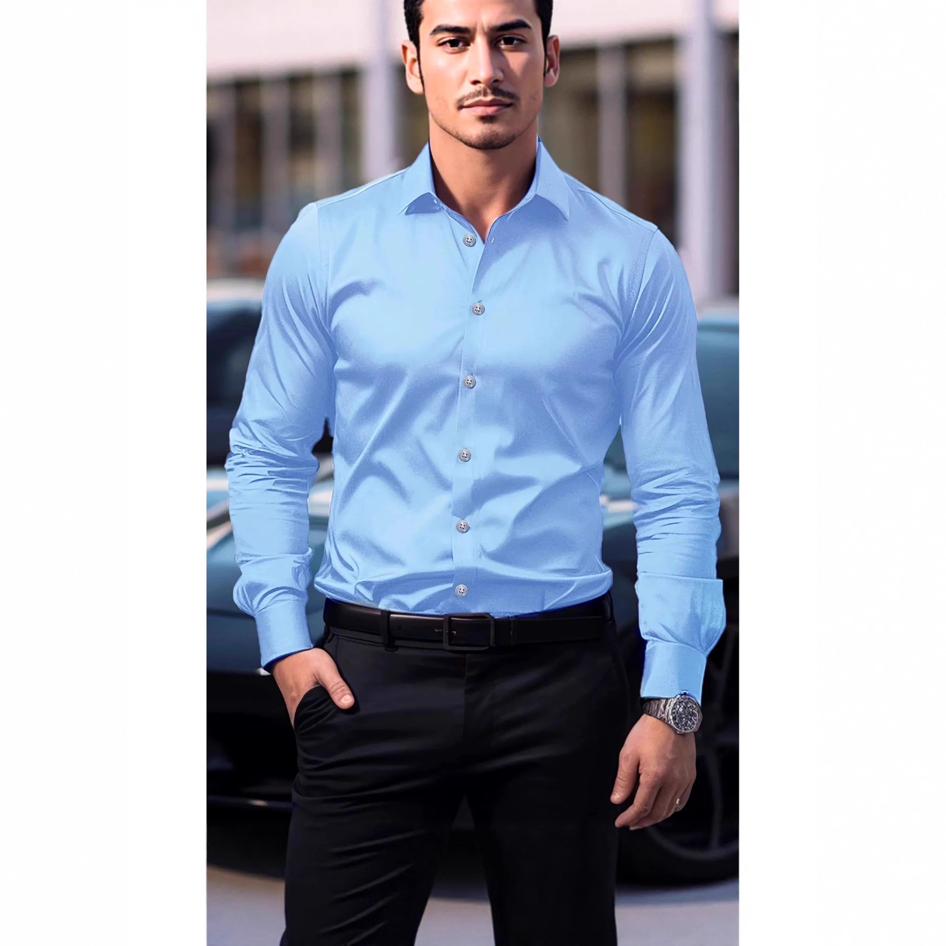 2026 European and American tough guy style tight-fitting shirt for men, slim fit, non-iron, long-sleeved cardigan, shiny, reflective, casual workwear 