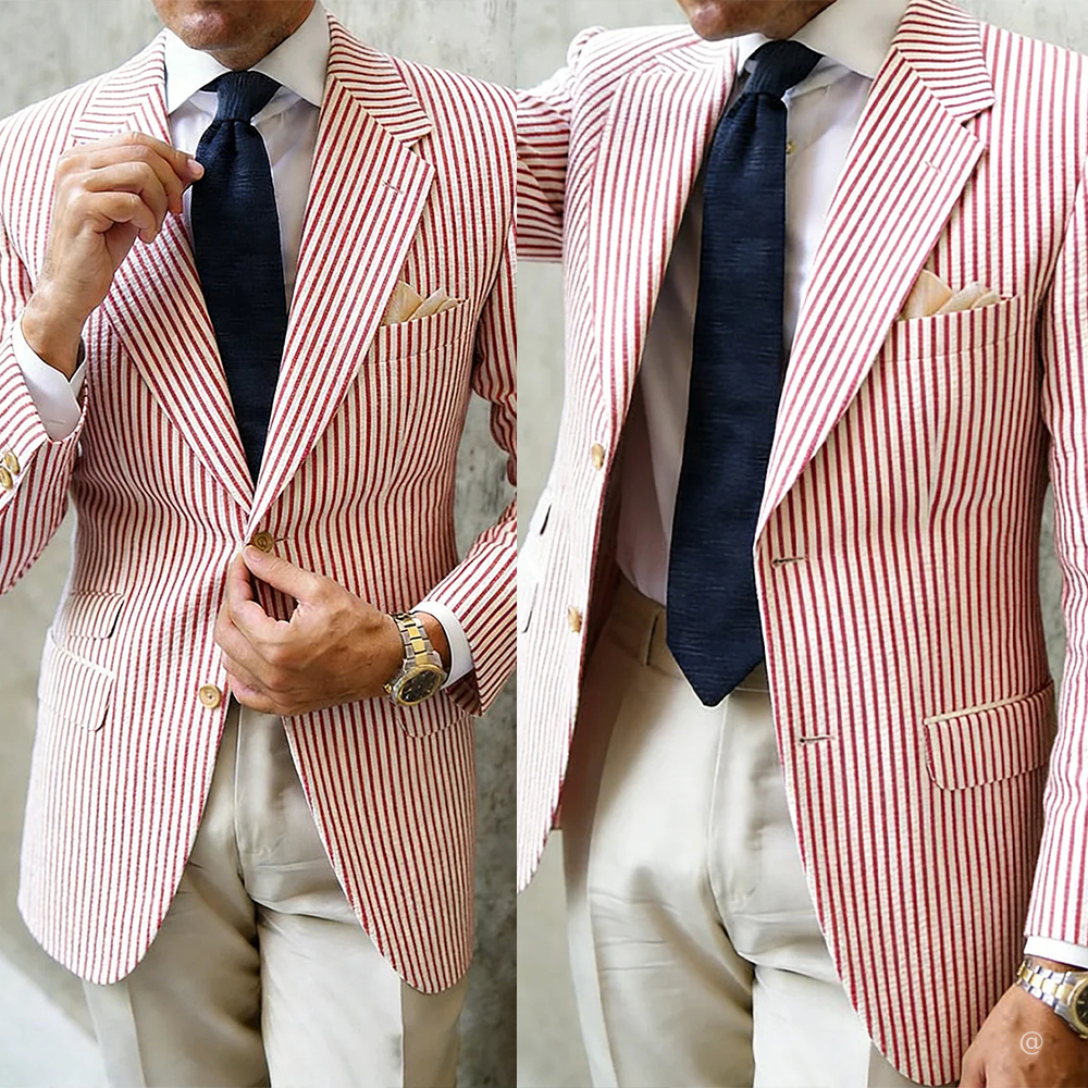 Spring Striped Men Blazer Formal Wear Notched Lapel Groom Prom Jacket Wedding Tuxedos Party Prom Customized One Piece