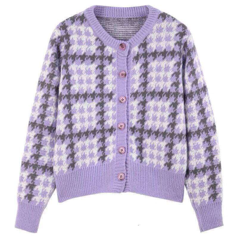 Y2k Pink Women Cardigan Korean Sweet Plaid Long Sleeve Female Sweaters Harajuku New O Neck Preppy Style Ladies Tops 26L0224