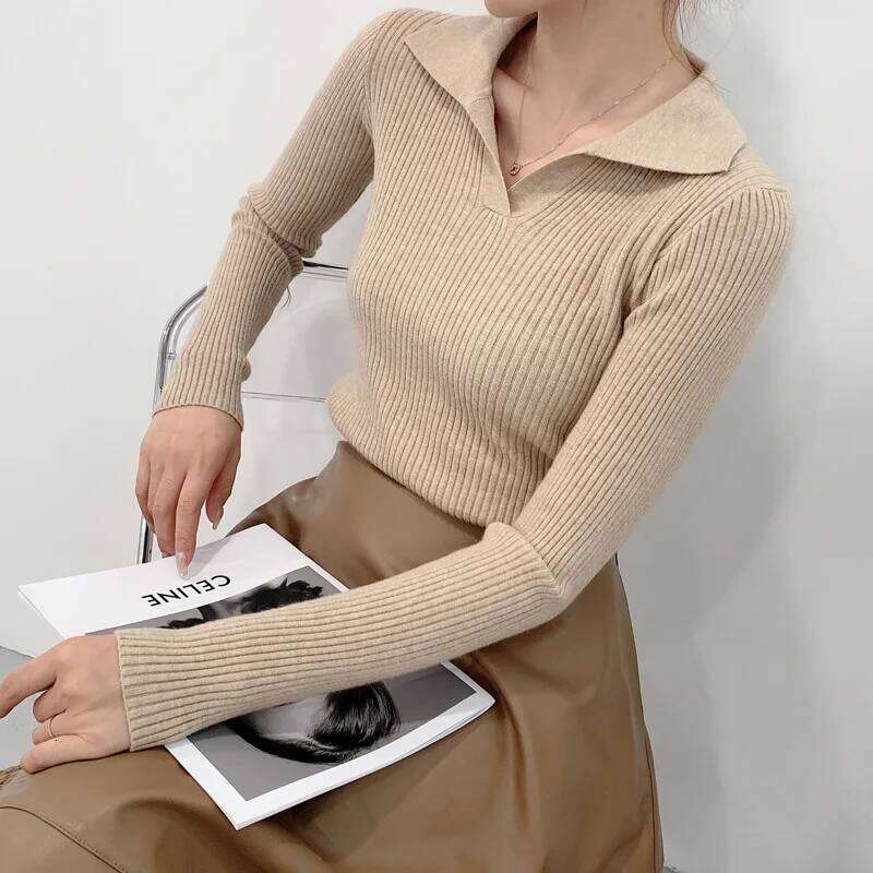 Women's Autumn Winter Pullover Solid Base All Match Sweater Lapel Polo Neck Knitted Bottoming Top 26W0224