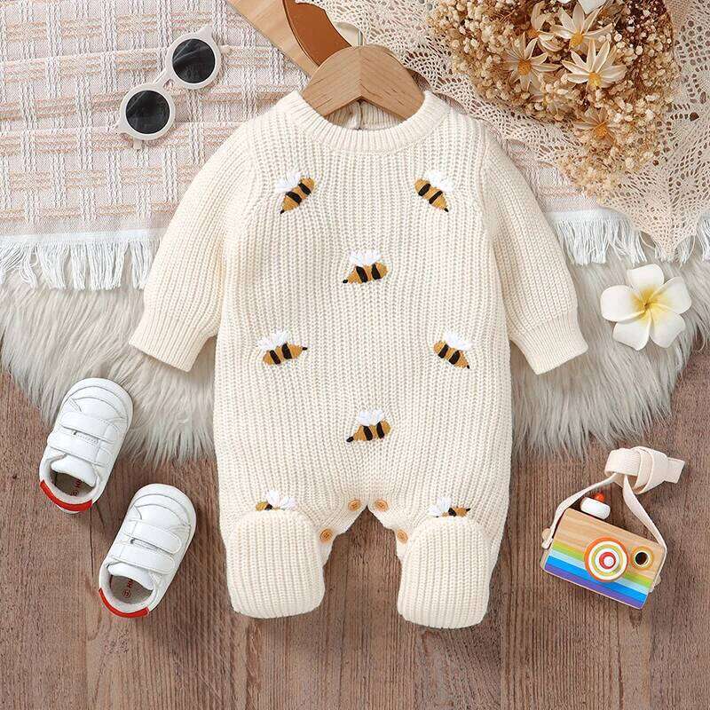 Baby Rompers Clothes 0-18m Autumn Winter Long Sleeve Knitted Newborn Boys Girls Beige Jumpsuits s Infant Unisex Outfits 26H0224