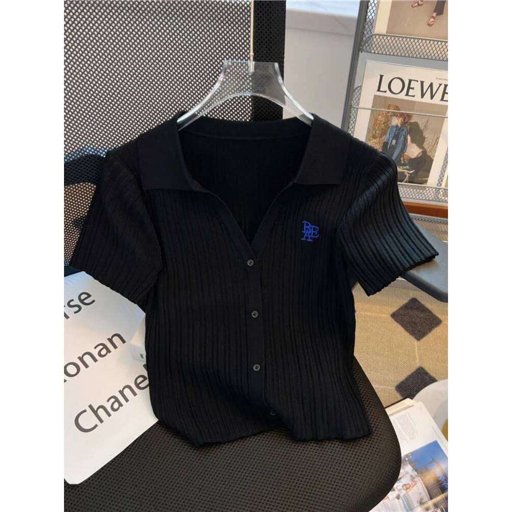 Summer Yellow Knitted Polo Shirt Women's 2024 New French V-Neck Letters High Waist Slim-Fit Ice Silk Top Short-Sleeved T-Shirt 26W0224