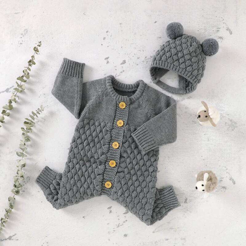 VISgogo 2PCS Baby Fall Winter Clothes Outfits Infant Boys Girls Jumpsuit Long Sleeve Solid Color Knitted Romper + Bear Hat Set 26Y0224