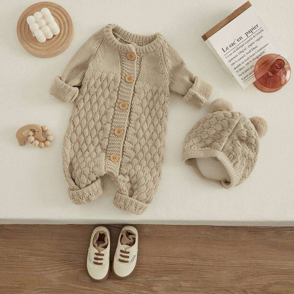 VISgogo Baby 2PCS Winter Jumpsuit Outfits Infant Boys Girls Clothes Long Sleeve Solid Color Knitted Romper + Bear Hat Set 26Y0224
