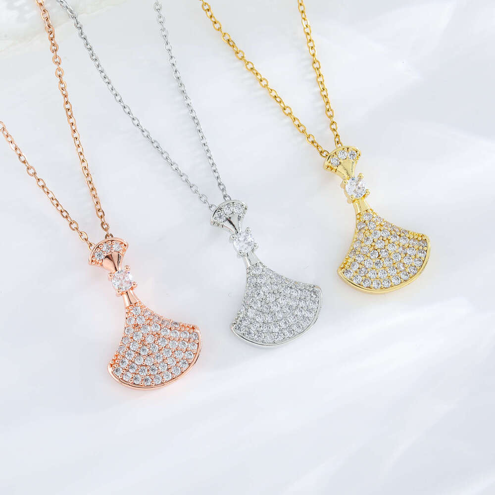 Luxury Diamond-Studded Mini Titanium Steel Necklace Internet Celebrity Fan-Shaped Skirt Pendant Full Diamond High-End Jewelry For Women