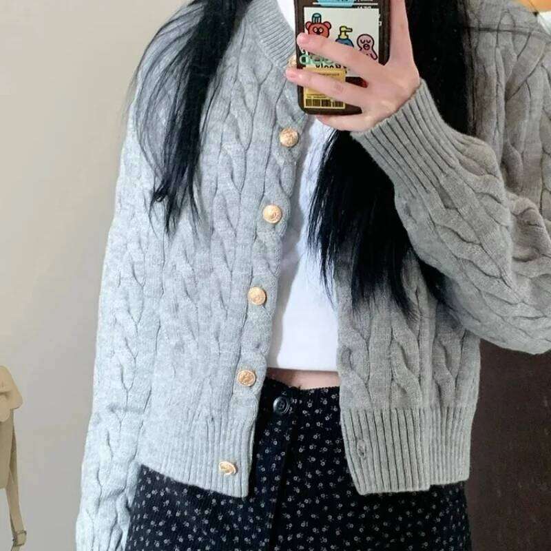 2024 Vintage Long Sleeve Cardigan Women Sweater O-neck Elegant Knitted Top Fashion Autumn Grey Knitwear 26L0224