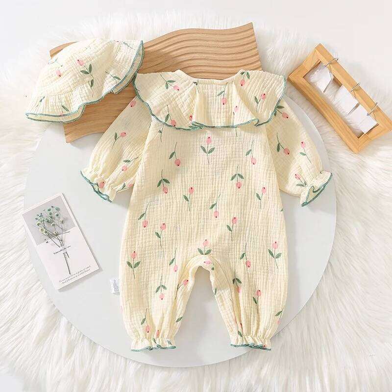 Spring Autumn Newborn Baby Girl Clothes Cute Floral PrintLong Sleeve Jumpsuit with Matching Hat 26Y0224