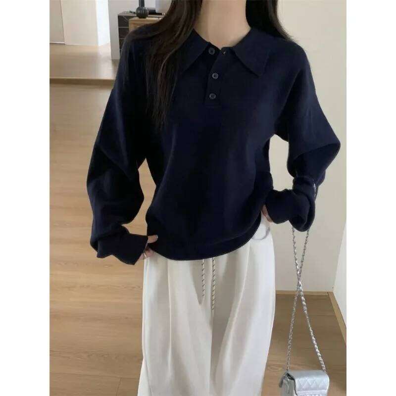 Retro Korean Polo Collar Women Autumn Winter Loose Top Pullover Sweater 26W0224