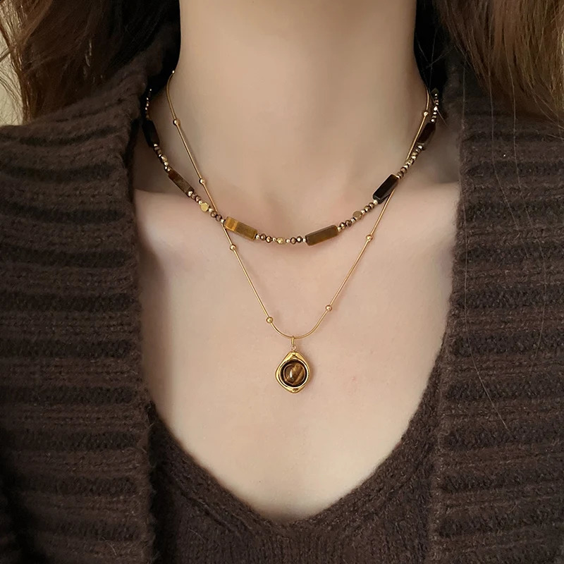 Retro Temperament Layered Tiger Eye Stone Pendant Necklace For Women Stainless steel DoubleLayer Collarbone Chain Sets Jewelry 260206