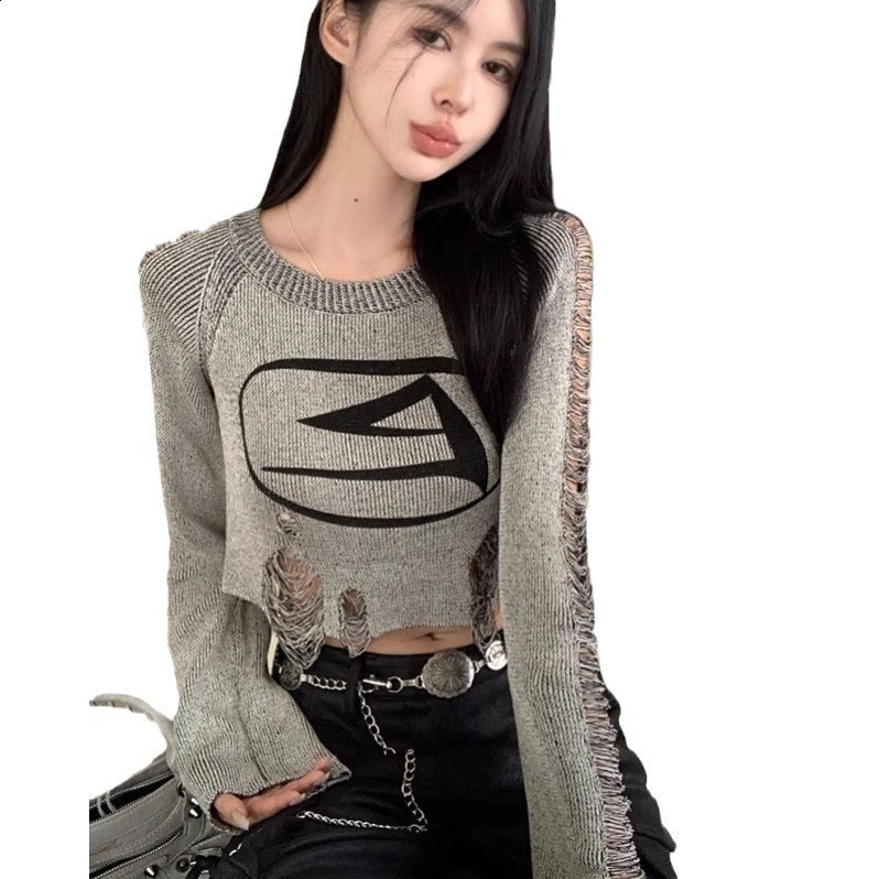 2024 Womens Sweet and Cool American Style Ripped Knit Sweater Early Autumn Short Cropped Pullover Top230729
