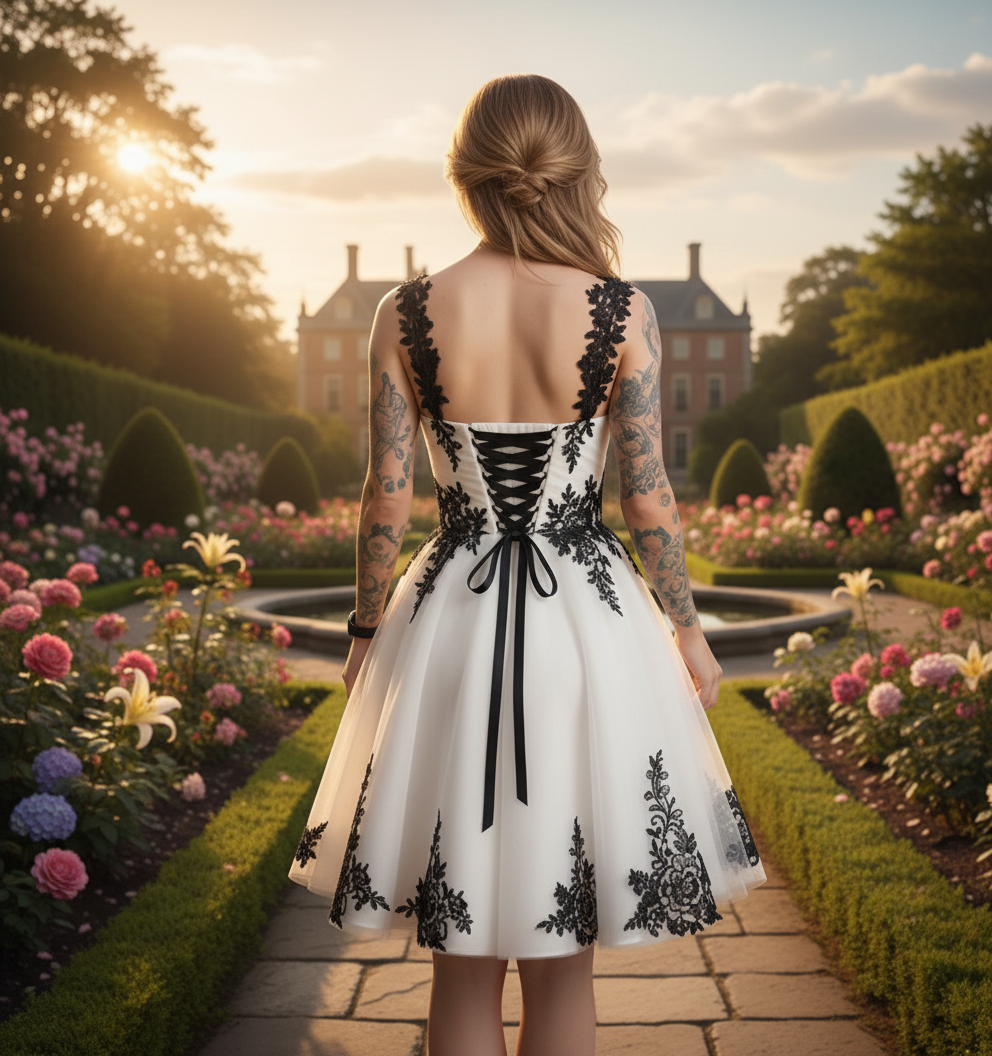 Black And White Short Civil Wedding Dresses A-Line Straps Vintage Bridal Gowns Lace Appliques Lace-Up Pleats Simple Garden bride Dress Customized