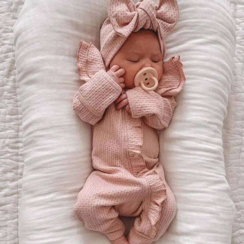 Long Sleeves Knitted Jumpsuit For Infants Girl Comfortable Adorable Autumn Winter Newborn Bodysuit Solid Waffle Romper 26H0224