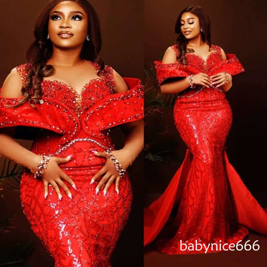 Plus Size Prom Dress With Detachable Train Red Mermaid Promdress Evening Formal Dresses For Women Sheer Neck Beaded Lace Second Reception Gowns Vestid