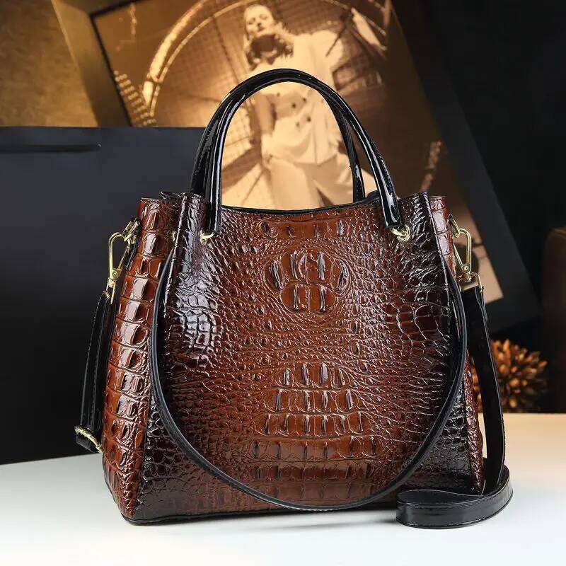 New Tote For Women Crocodile Print Textured Bucket Retro Shoulder Bag Fashion Handbag