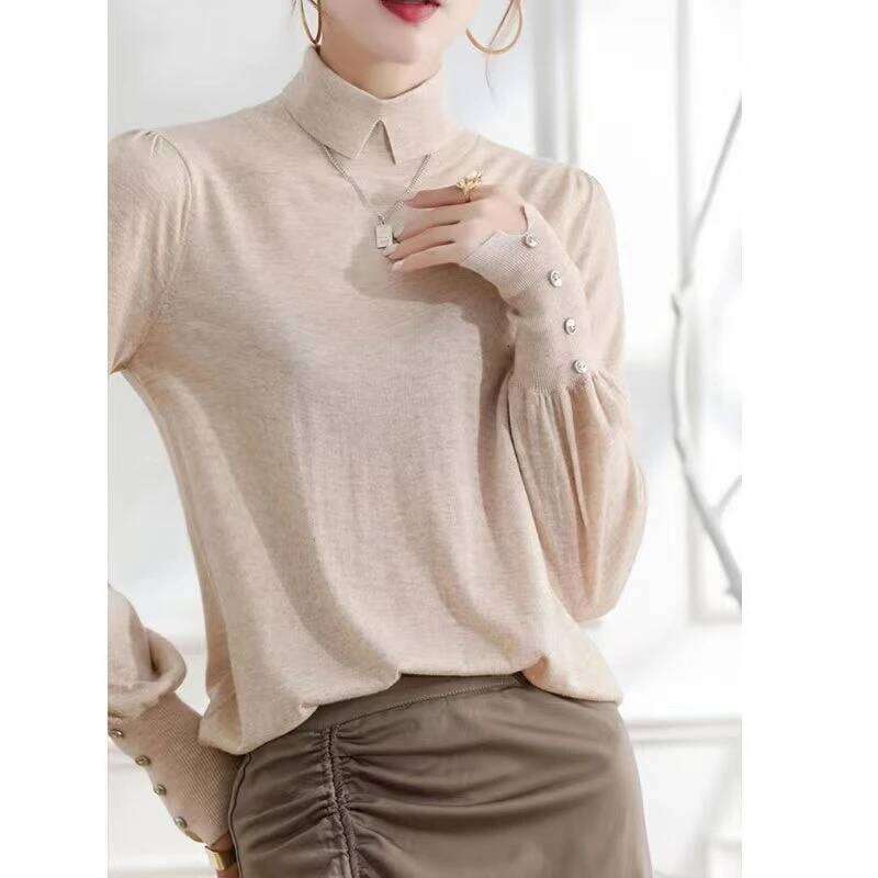 Women Clothing Temperament Polo Neck Knitting Pullovers Top Autumn Winter New Button Long Sleeve Solid Sweaters Elegant Fashion 26W0224