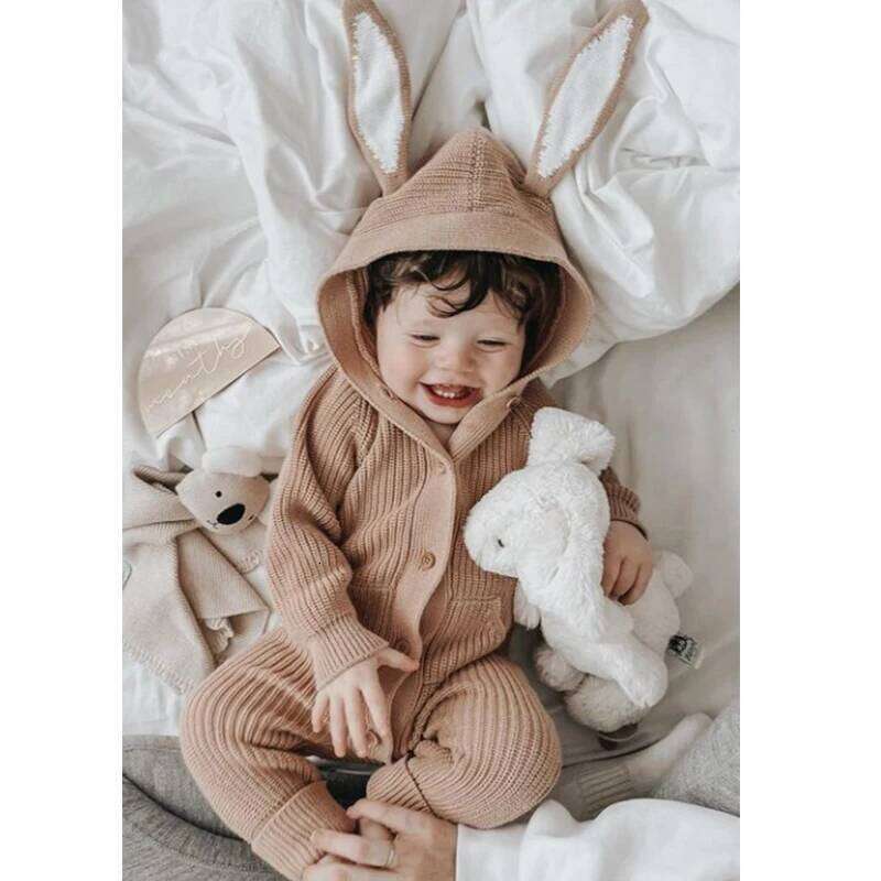 FOCUSNORM 0-18M Autumn Spring Baby Girls Boys Knit Rompers Bunny Ears Hooded Long Sleeve Single Breasted Jumpsuits 26H0224