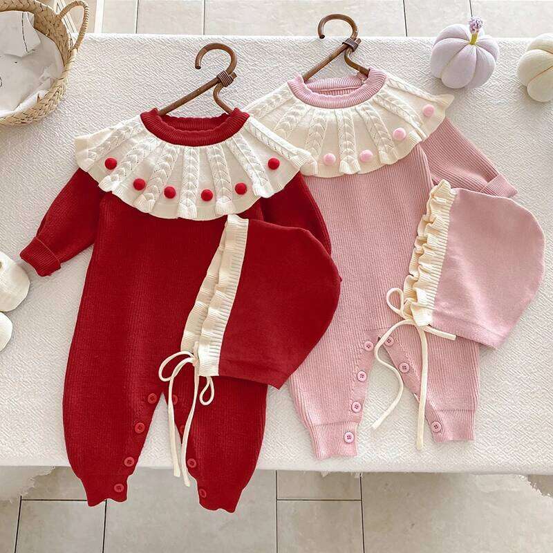 New Autumn Children Clothes Infant Girls Long Sleeved Splicing Jumpsuit Newborn Baby Knitted Bodysuits+Hat 26Y0224