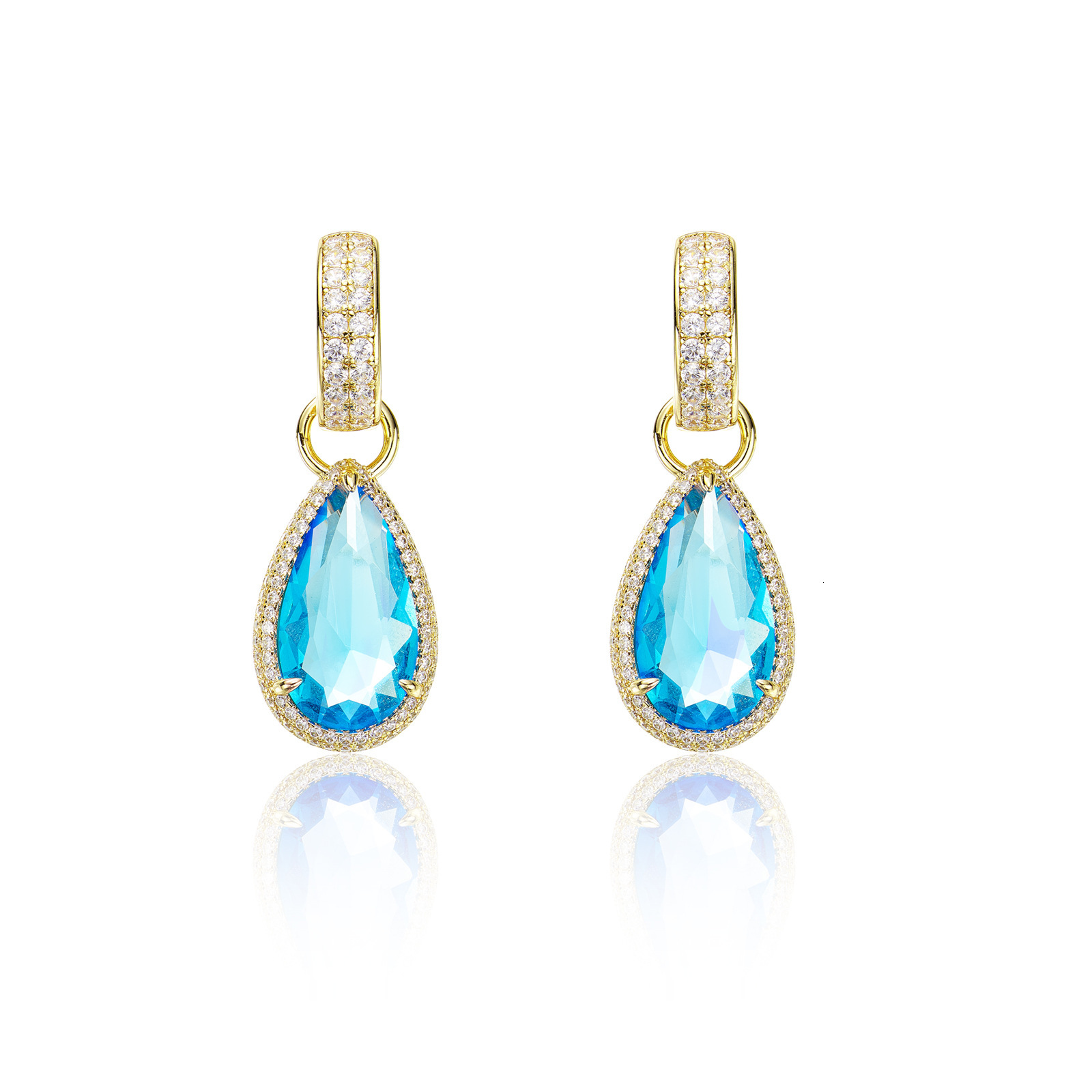 Earrings New Aquamarine Pear-Shaped Earrings With Gold-Plated Setting And Water Drop Main Diamond Earrings , Offering A Light Luxury Feel, Suitable Fo