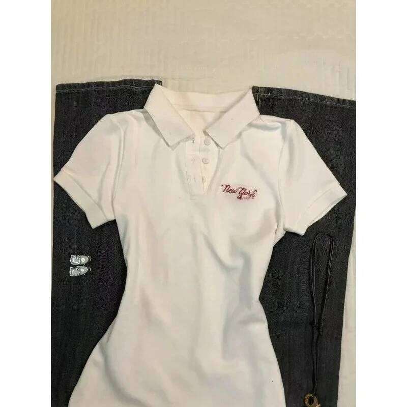 Deeptown White Vintage Letter Embroidery Women's T-Shirts Basic Short Sleeve American Style Polo Collar Tees Slim Gyaru Summer 26W0224