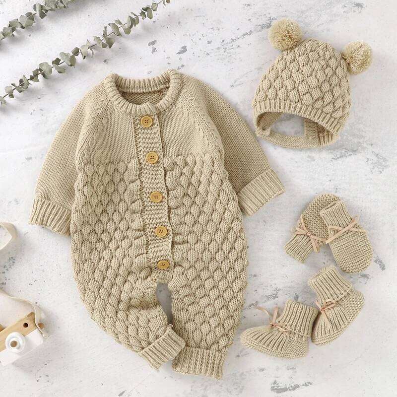 Winter Newborn Baby Rompers Long Sleeve Knit Infant Boys Girls Solid Jumpsuits Playsuits Hats Outfits Sets Toddler Clothes 0-18m 26H0224