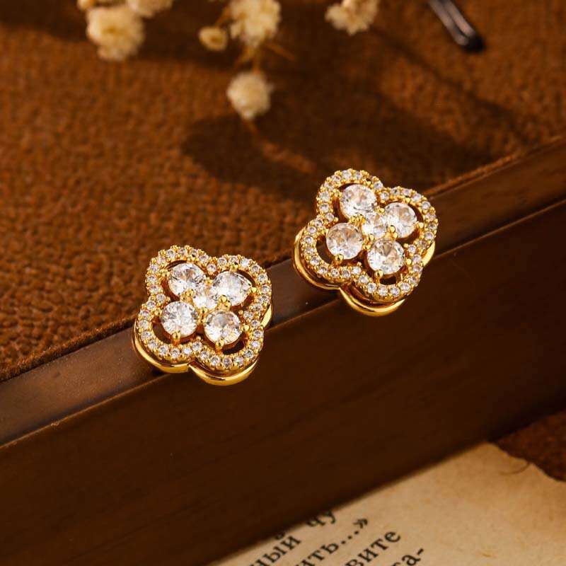 Earrings for Women Rotatable Four-Leaf Clover Zircon Gold Earrings High-End Sparkling Versatile Daily Wear Women Jewelry - view 3