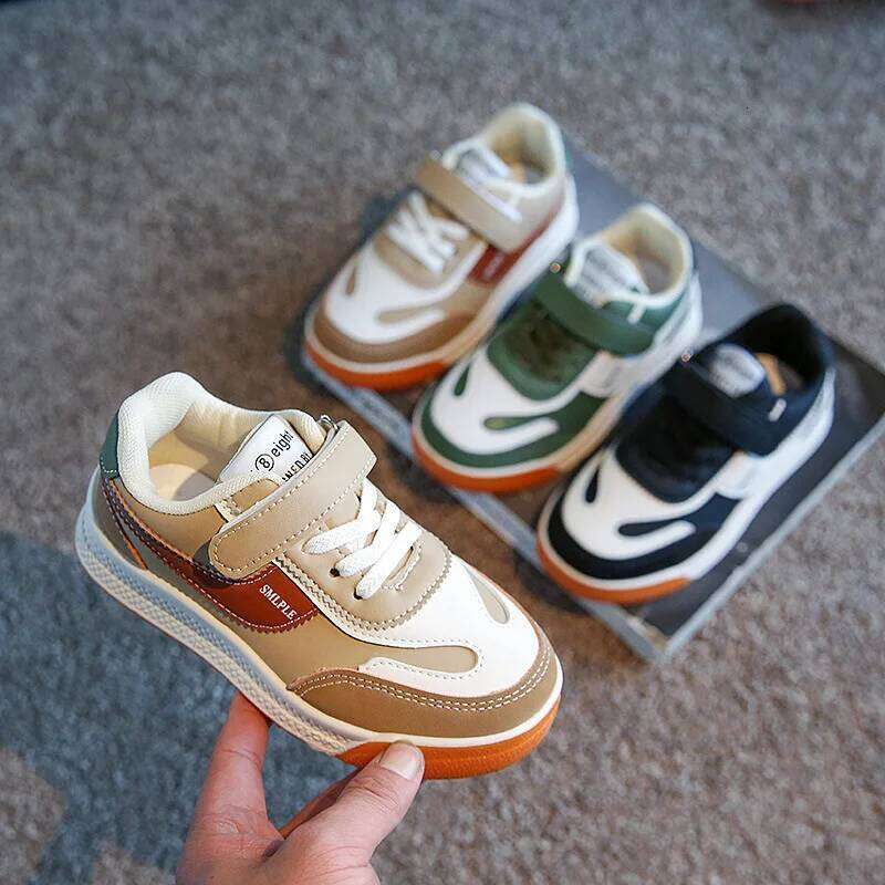 Spring New Leather Upper Sneakers Middle Large Children's Casual Boys and Girls Soft Sole Students Tennis Shoes 26W0224