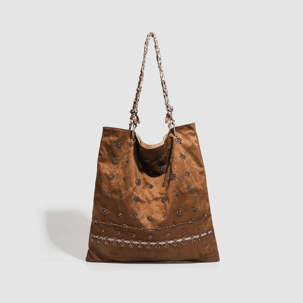 2025 Suede Single Shoulder Ethnic Style Commuting with Ribbon Splicing and Large Capacity Tote Bag Z260224