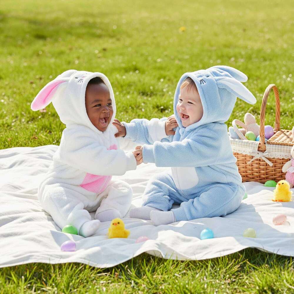 Infant Girl Boy Easter Rompers Long Sleeve Hooded Spring Full Zipper Fleece Rabbit Jumpsuit 26H0224