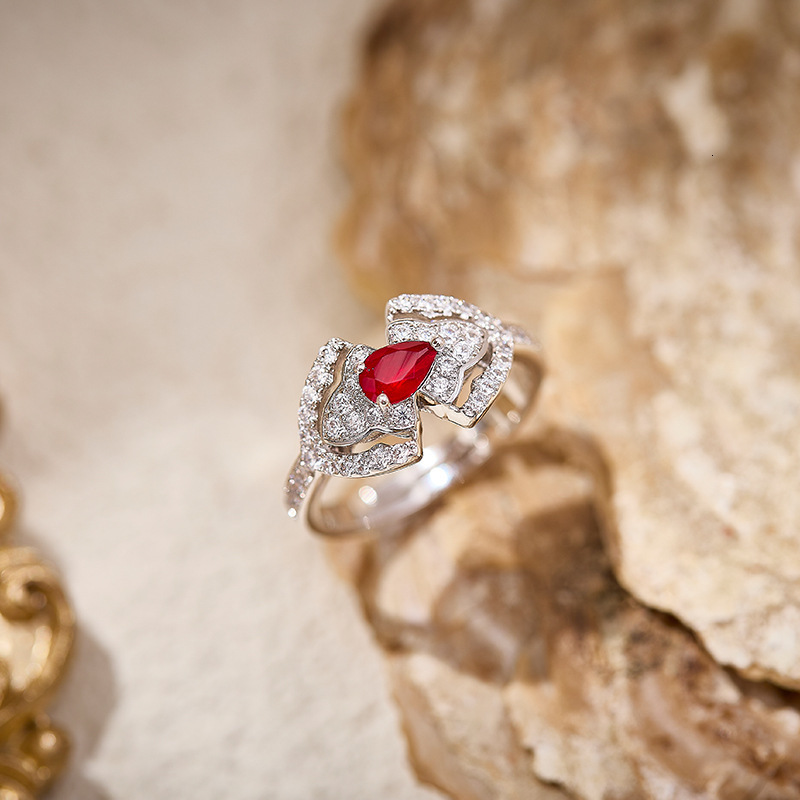 Ring Simulated Ruby Pear-Shaped Pattern Ring With Gold-Plated Open Design Ring, Vintage Texture, Everyday Accessory Ring