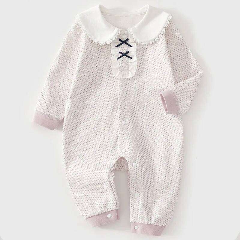Spring Fall Newborn Girls Clothes Korean Fashion Cute Flowers Bow Long Sleeve Peter Pan Collar Jumpsuits Romper Baby Stuff B283 26H0224
