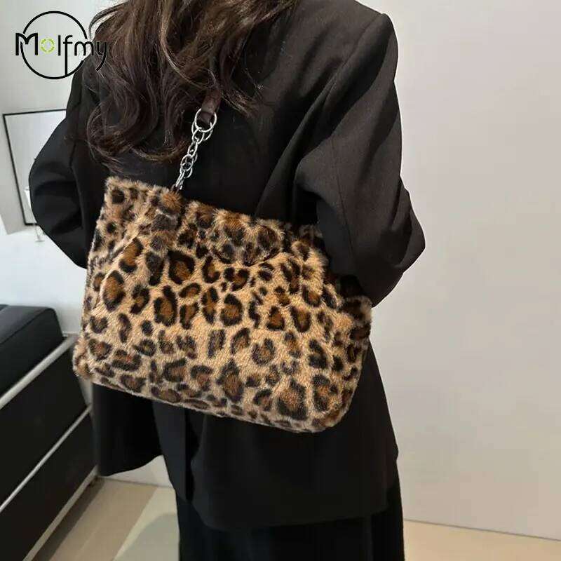 Plush Underarm Handbag Women Leopard Tote Bags Lady Luxury Fluffy Shoulder Chain Large Capacity Commuter Handle Bag Z260224