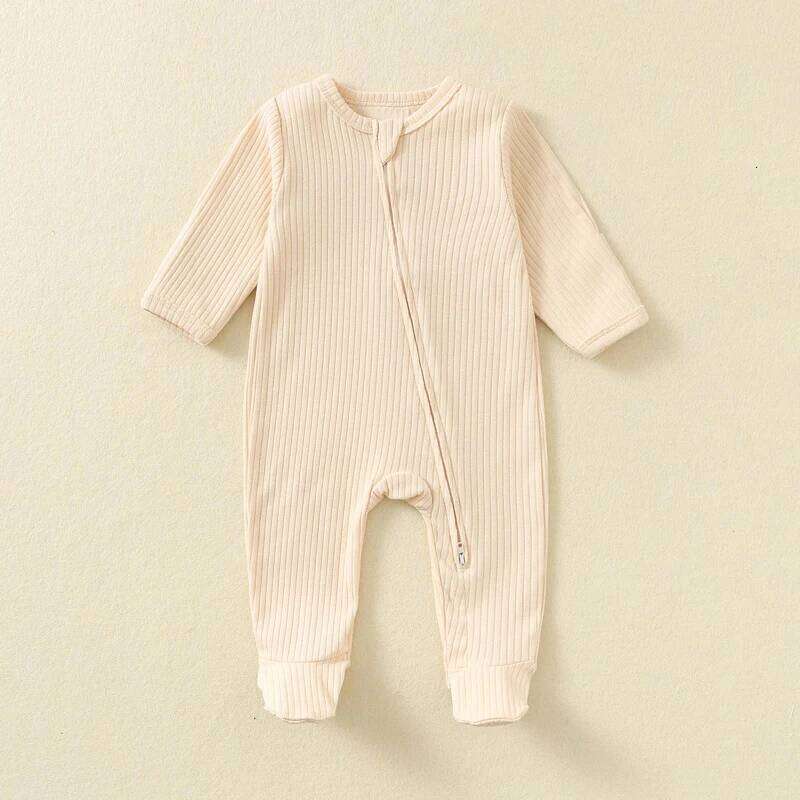Baby Romper Long Sleeve Footed Cotton Zipper Front Outfit Spring Fall Newborn Unisex Ribbed Knitted Jumpsuit Pajamas Solid 26Y0224