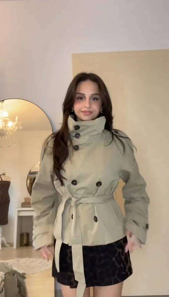 Mardi Hefxessdr Belted Waist Cropped Trench Jacets Double Breasted Stand Collar Coats Autumn Chic Casual Vintae Jacet Women Cloth