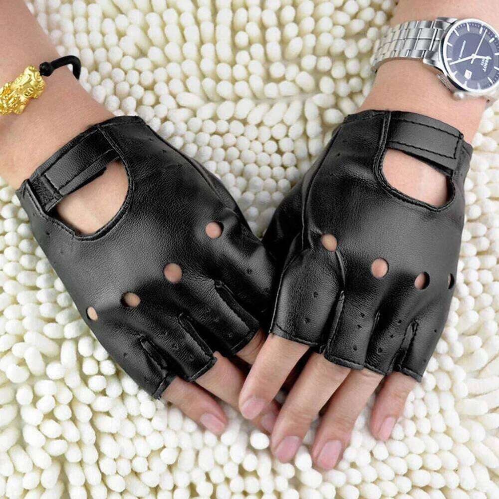 Unisex Artificial Leather Half-Finger Gloves Theatrical Punk Hip-Hop Driving Motorcycle Performance Party Fingerless Mittens 26H0224