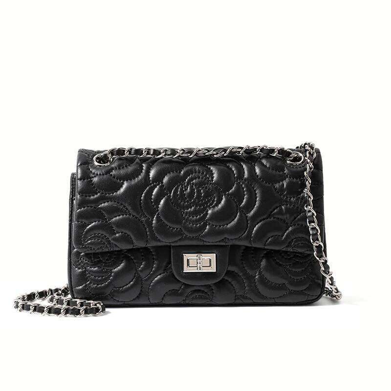 New Women's Senior Sense Ladies Leather Camellia Pattern Chain Shoulder Messenger Bag