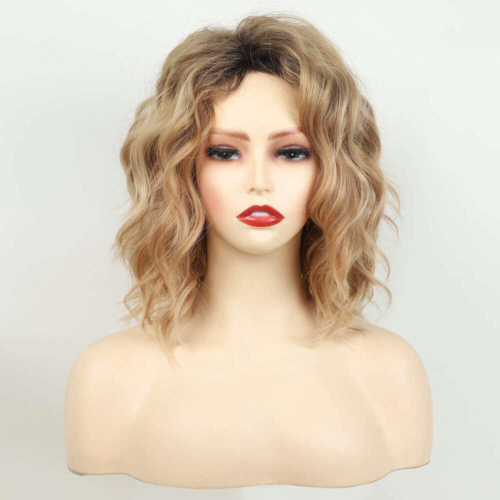 Cross-Border European And American Women's Short Curly Fashion Top Dyed Gradient Gold Side Part Synthetic Hair Wig SHXI