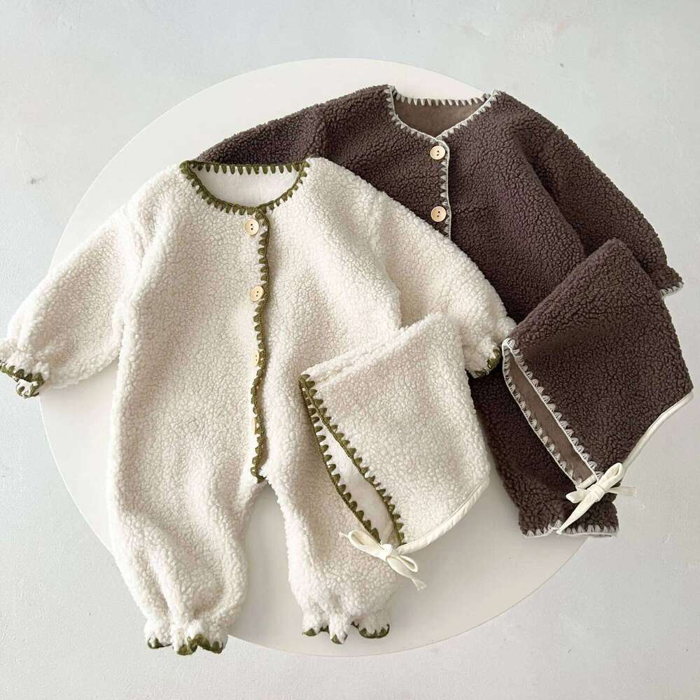 Winter New in Infant Kids Thicken Plush Warm Outfits ,toddler Baby Overlock Jumpsuits Newborn Romper Gift Hat 0-3Y 26Y0224