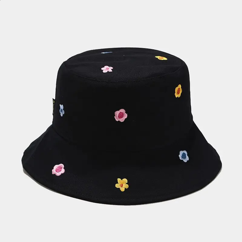 LDSLYJR Cotton Flower Embroidery Bucket Hat Fisherman Outdoor Travel Sun Cap Hats for Men and Women 250 260206