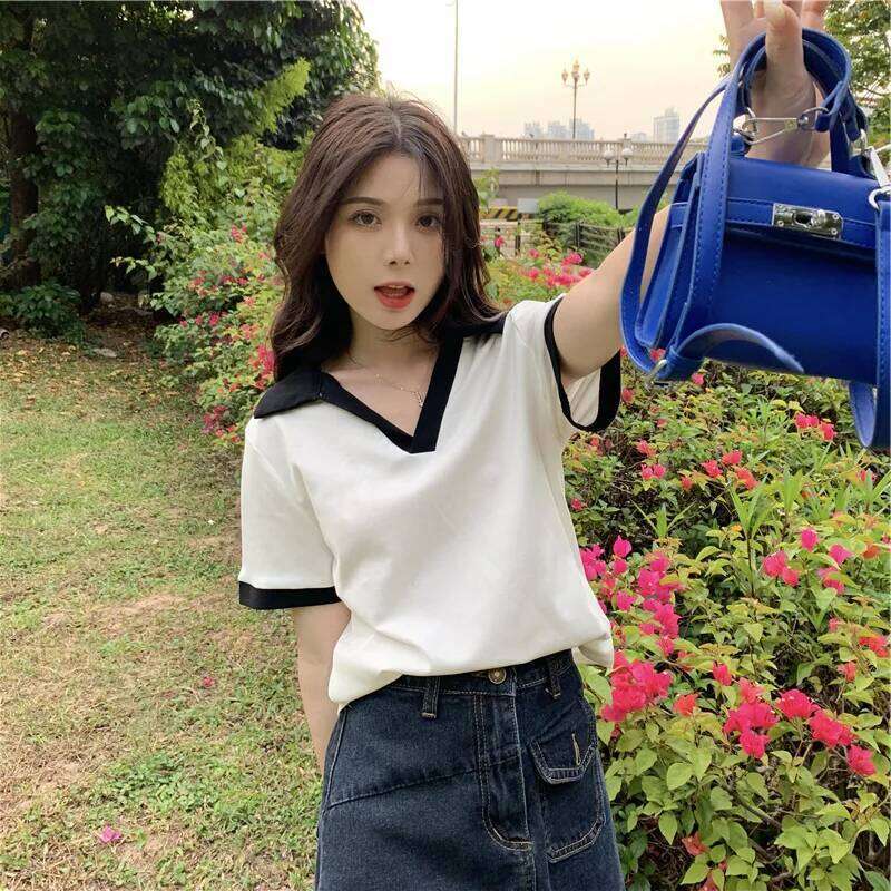 Summer Fashion Y2K T-shirt Woman Patchwork Polo Tee Shirt Femme Sexy OL Clothes Women Short Sleeve V-neck Tshirts Tops 26W0224