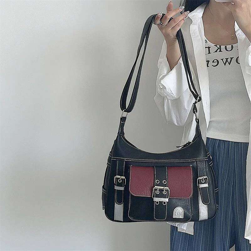 Patchwork Shoulder Bags For Women Soft Pu Leather Crossbody Daily Shopping Messenger Street Cool Gilrs Armpit Bag Purses Z260224