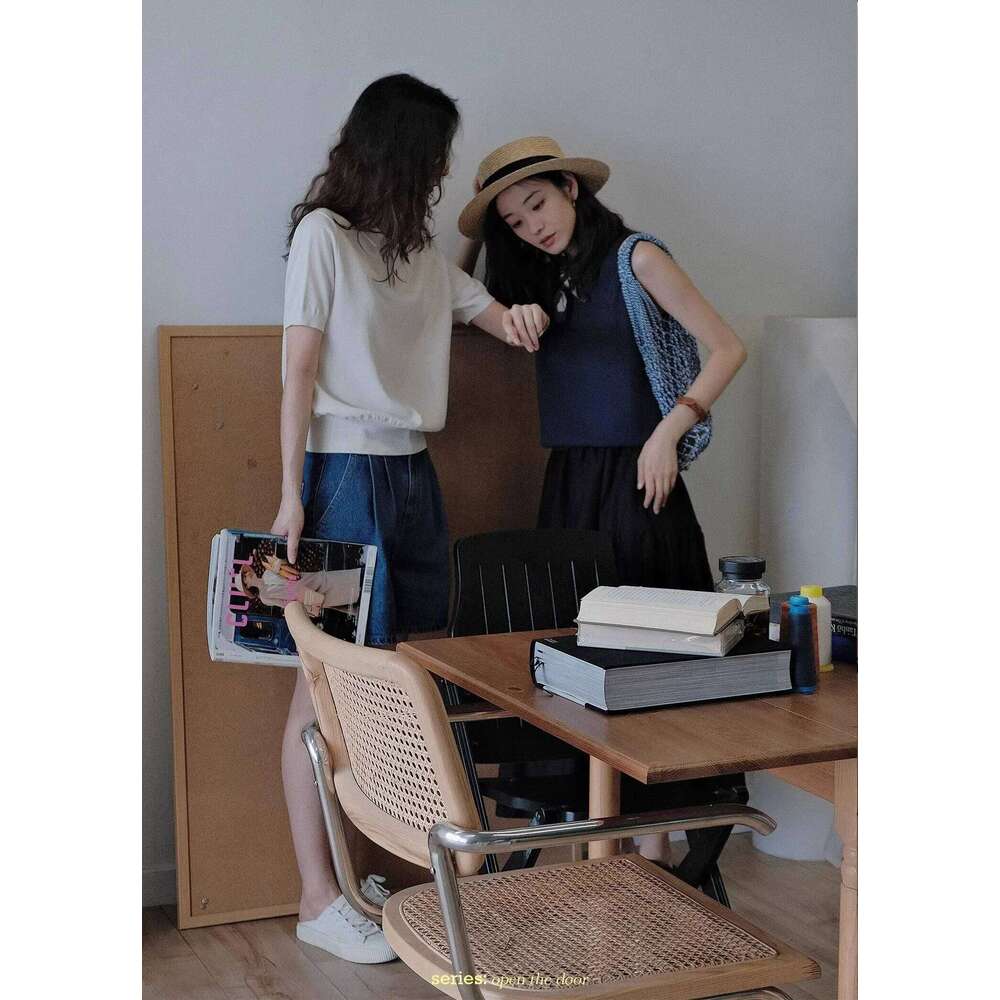 Women's Blue Ice Silk Knitted Polo Shirt Short Sleeve French Lapel Top Thin Summer High-Grade Shoulder T-Shirt 26W0224